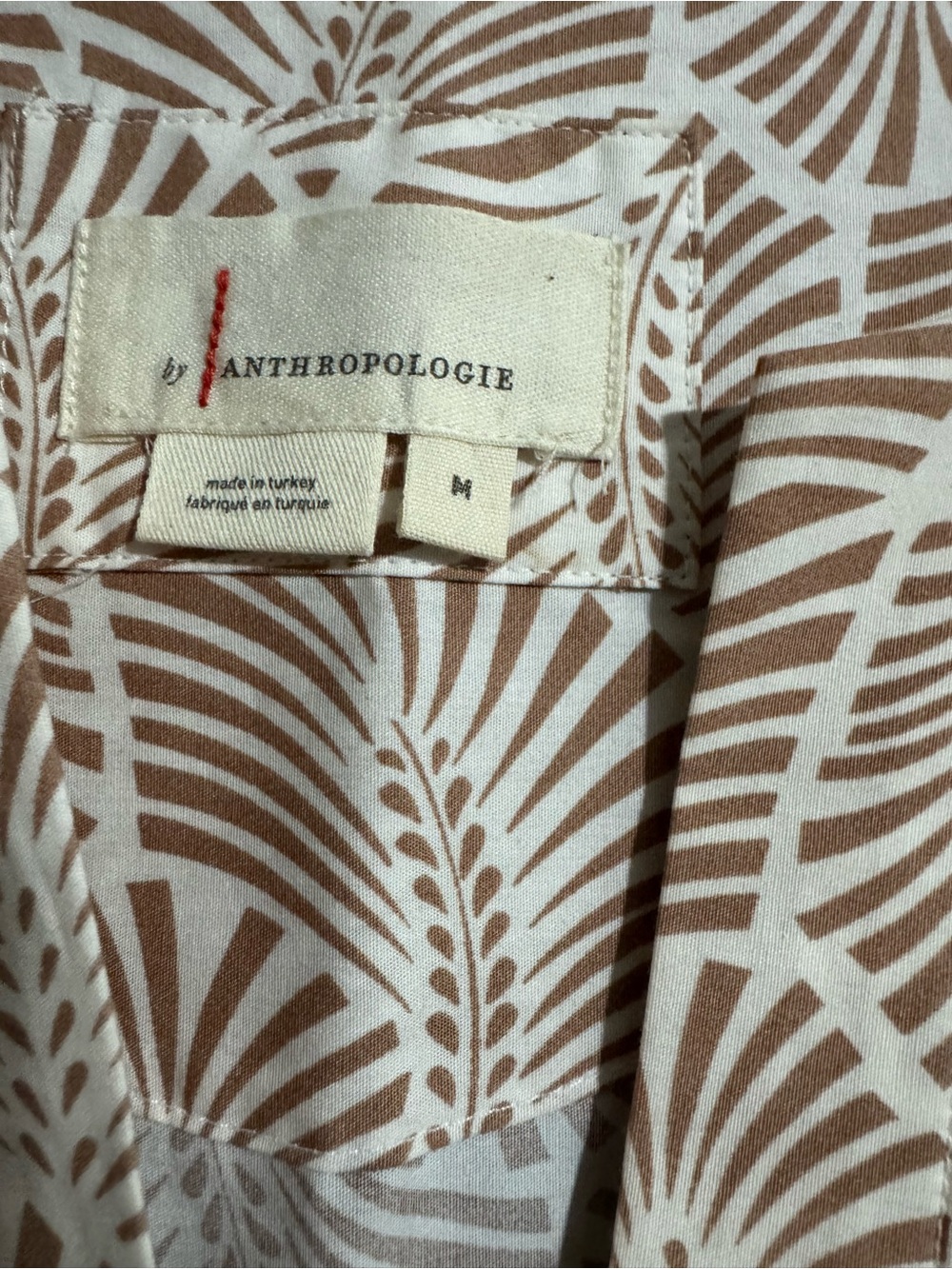 Like New Anthropologie Cream and Tan Fan-Print Tiered Dress - Picture 2 of 4